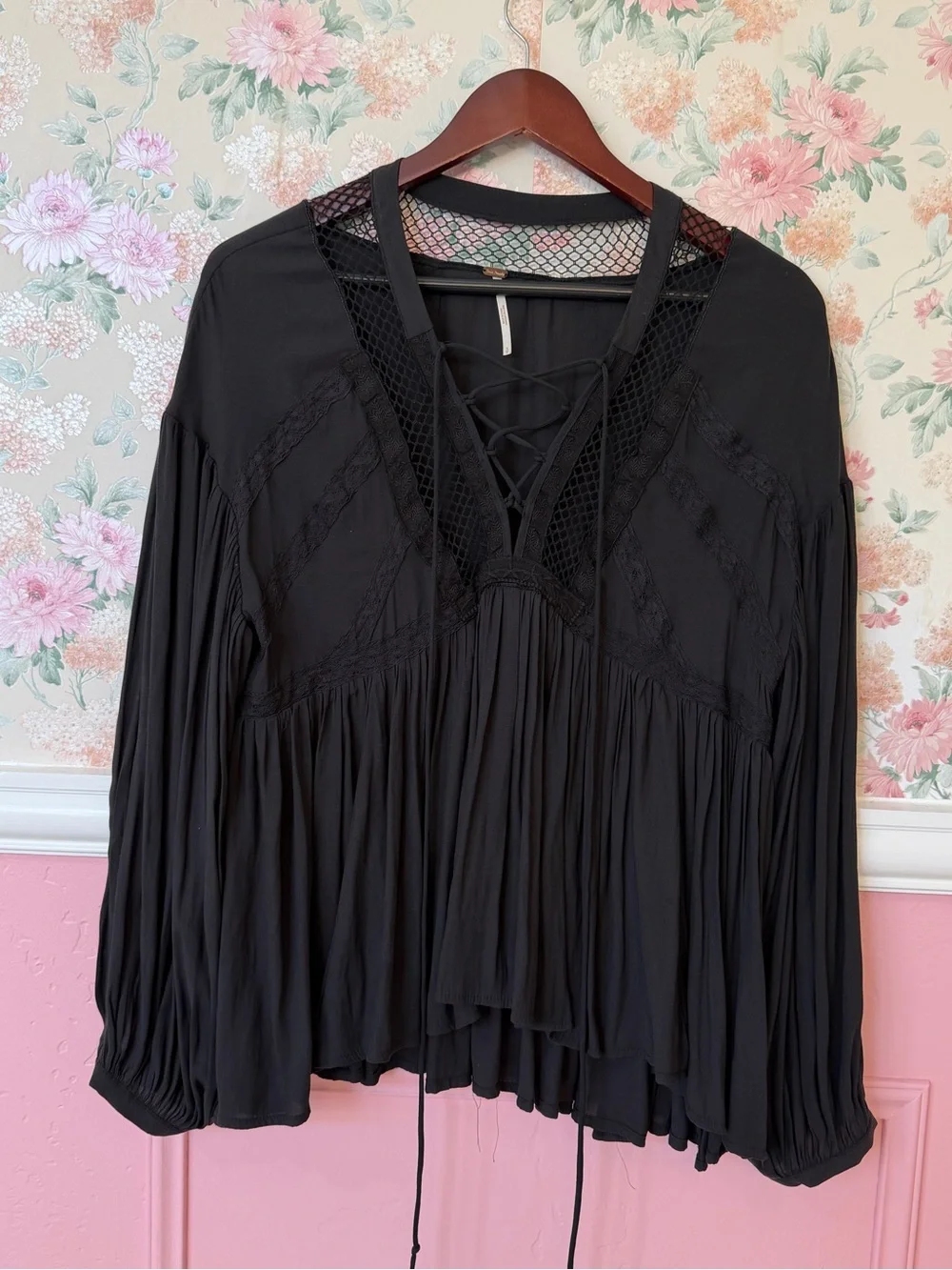 Free People Navy Lace-Up Boho Peasant Top